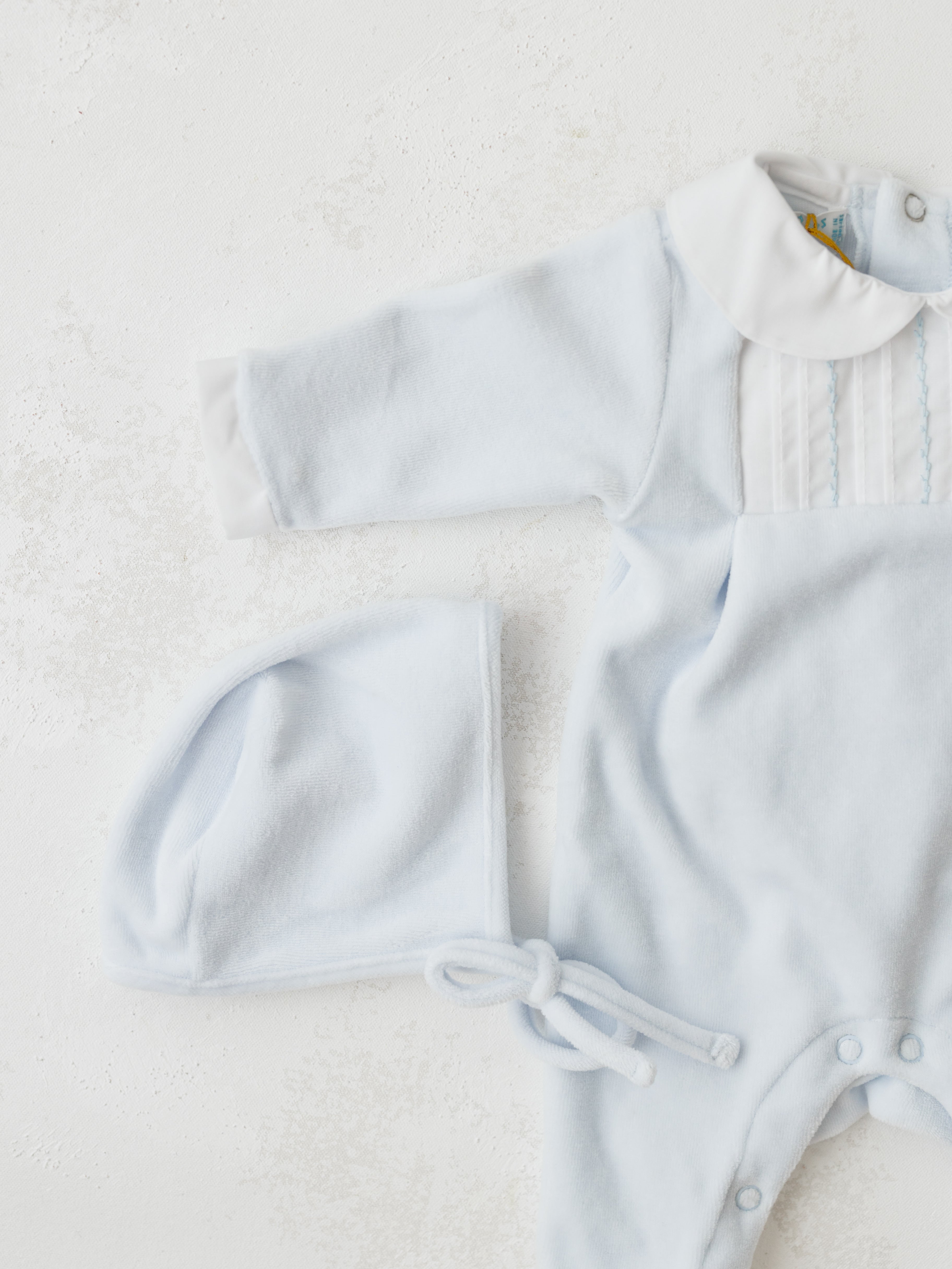 Feltman Brothers Feather Stitched Velour Romper With Hat