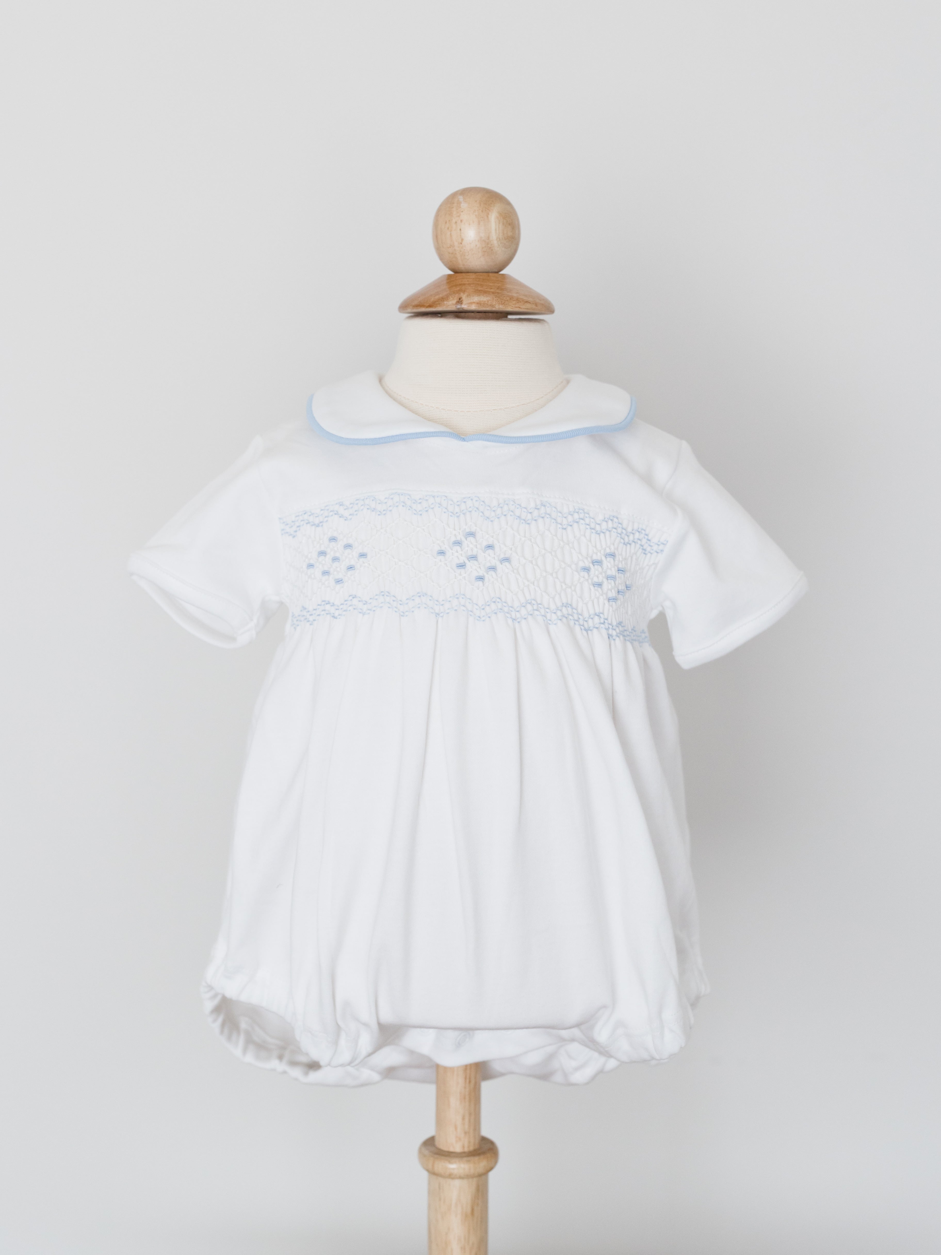 Nella Pima White and Blue Smocked Bubble