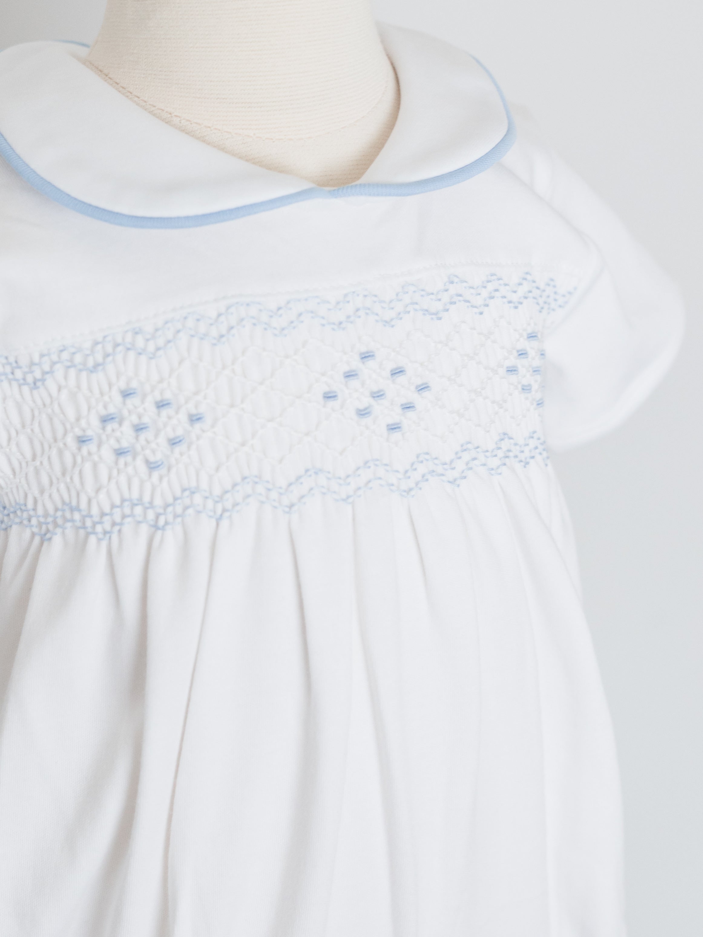 Nella Pima White and Blue Smocked Bubble