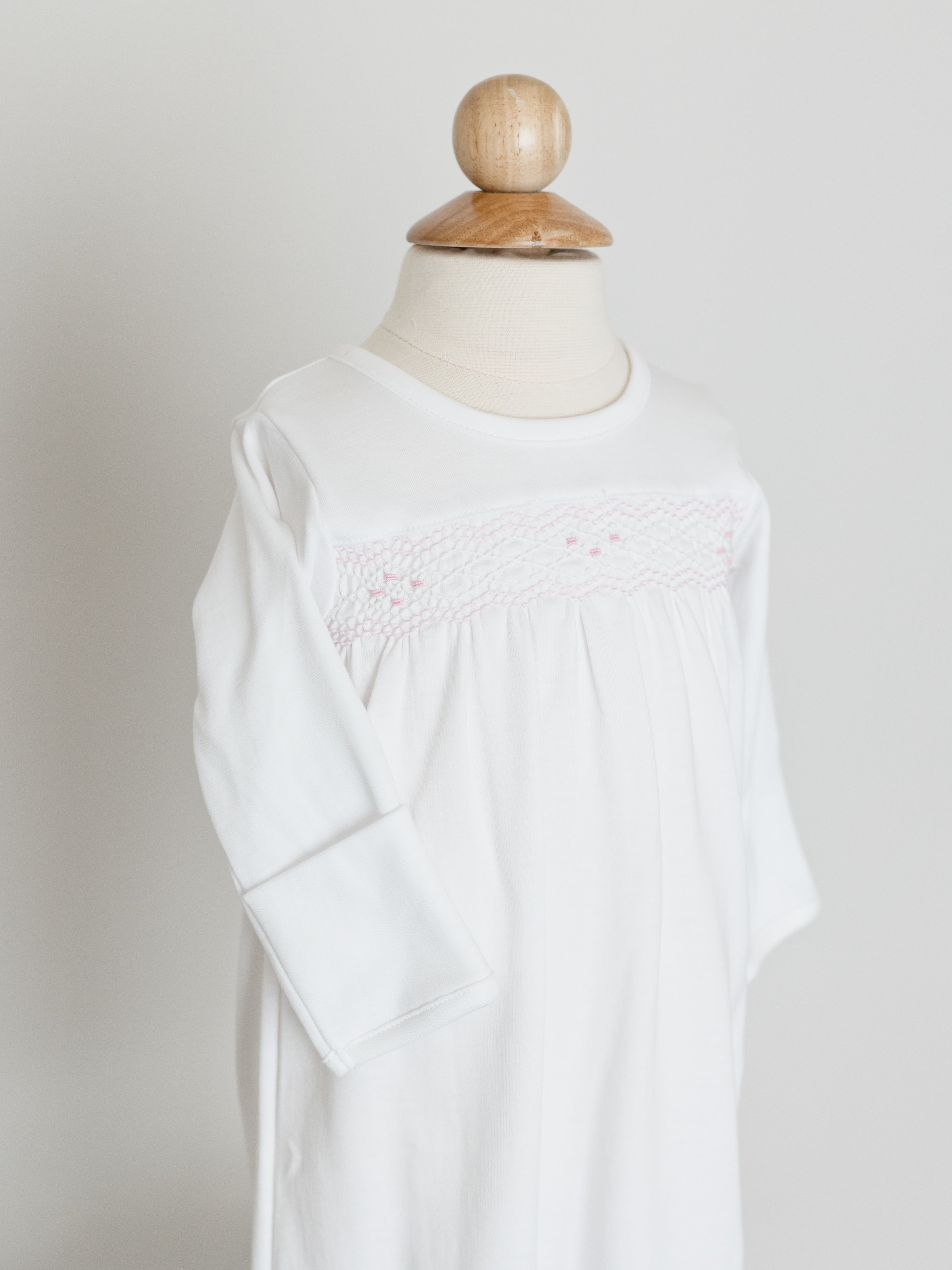 Nella Pima White / Pink Smocked Gown