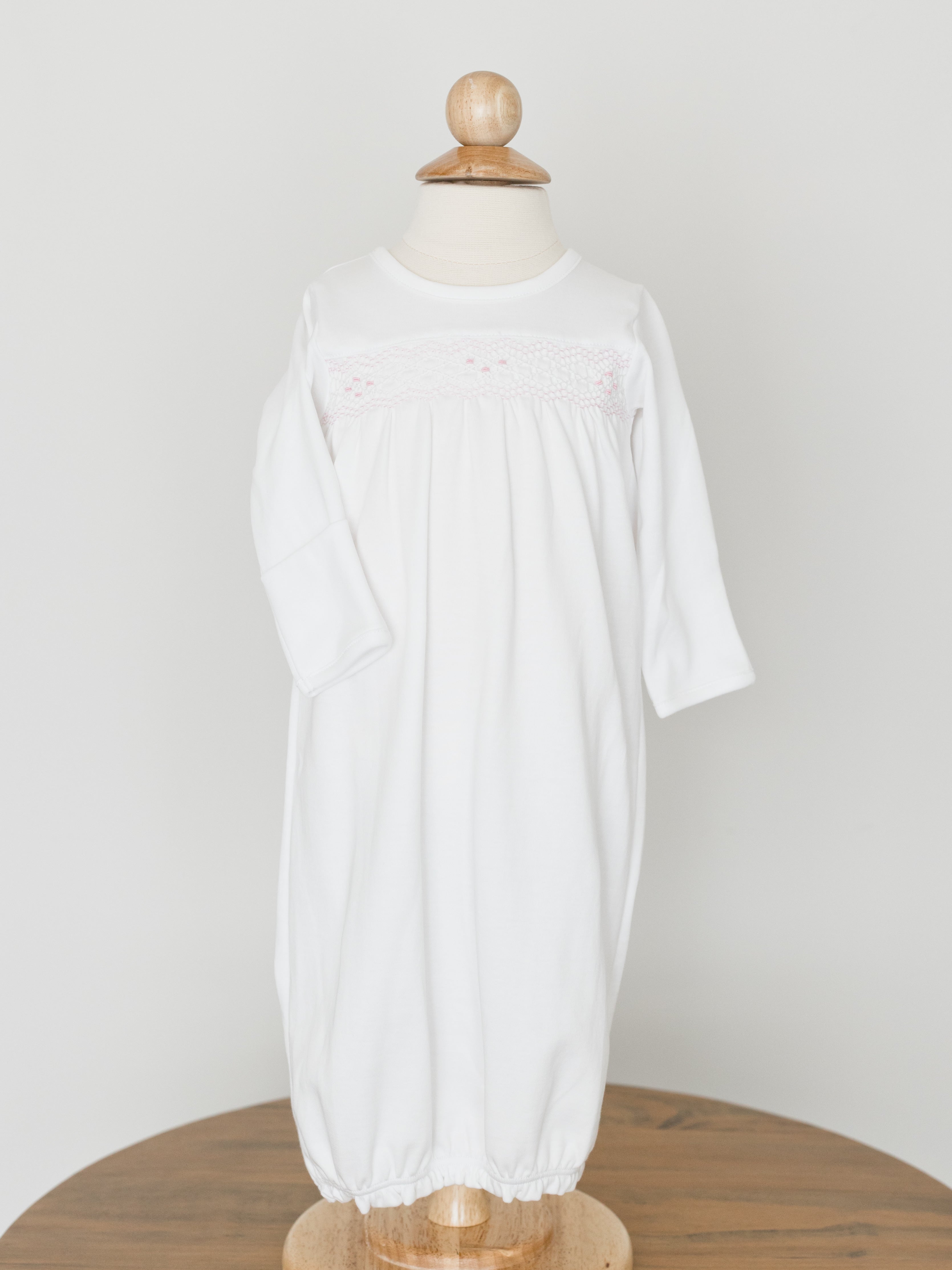 Nella Pima White / Pink Smocked Gown