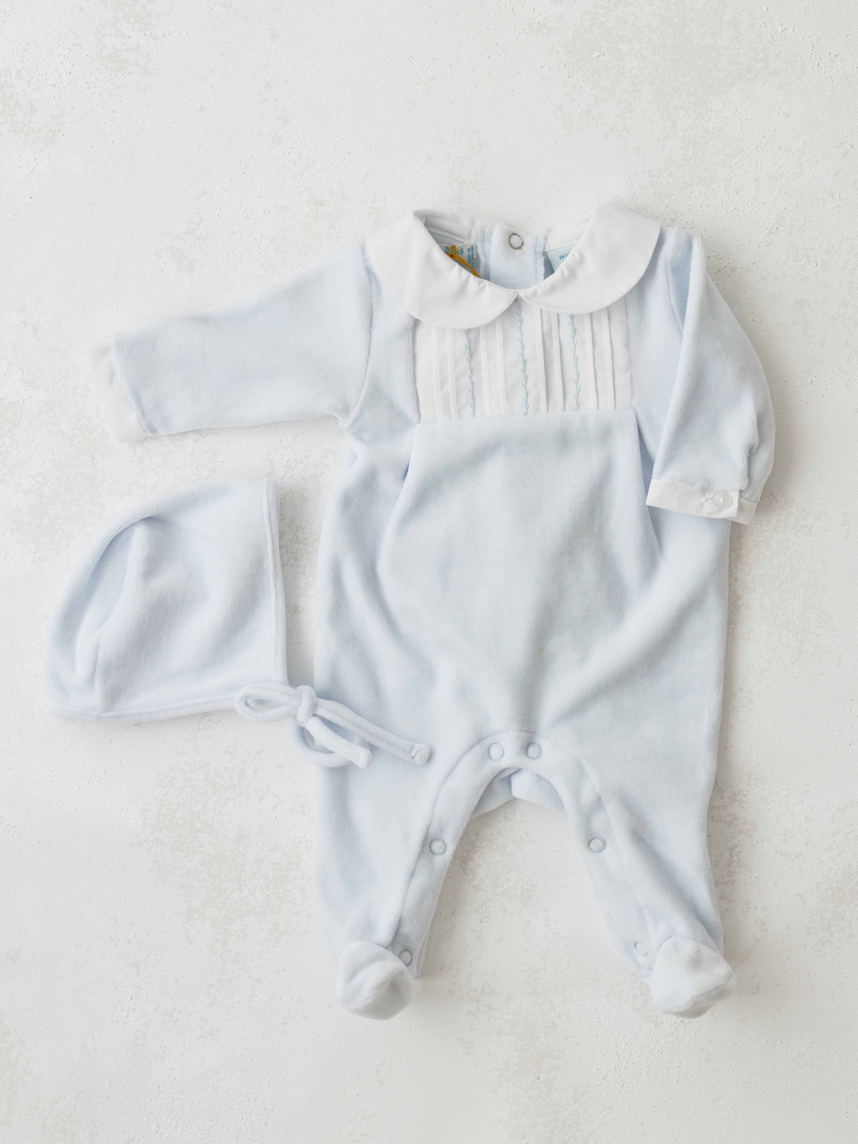 Feltman Brothers Feather Stitched Velour Romper With Hat